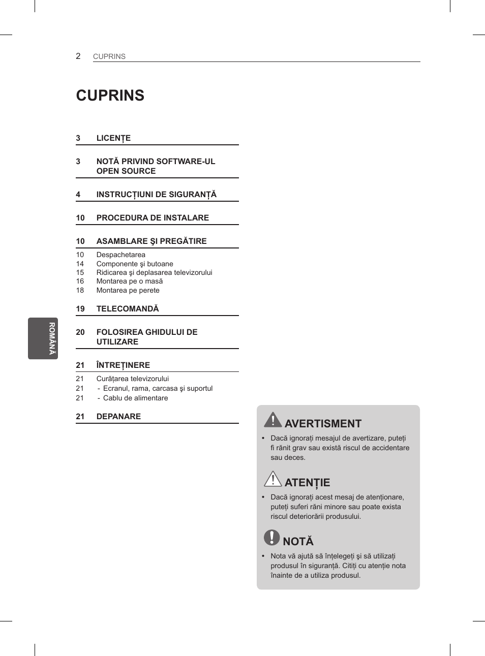 Cuprins, Avertisment, Atenţie | Notă | LG 32LS3590 User Manual | Page 123 / 399