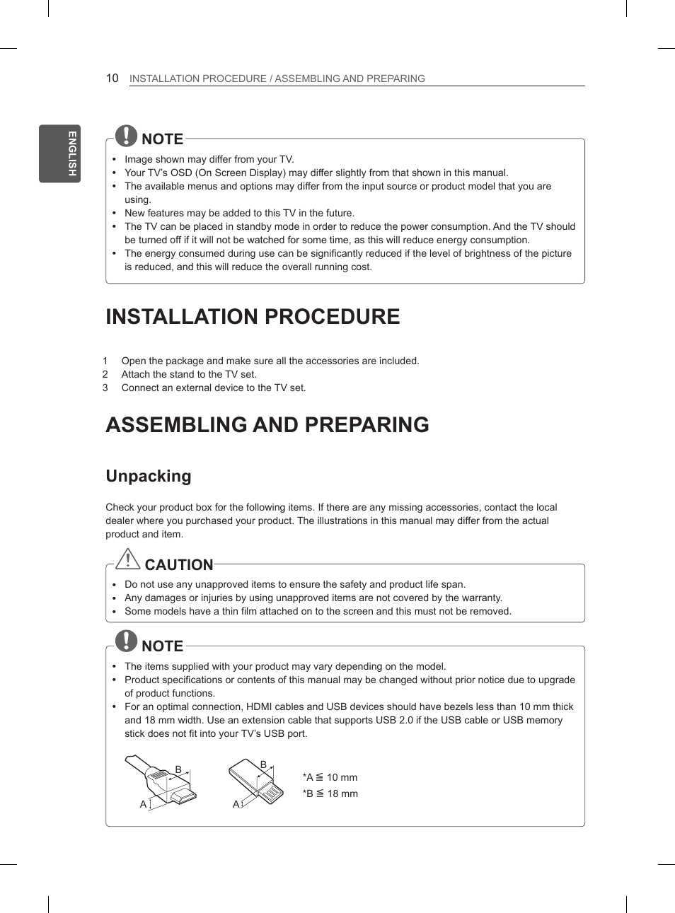 Installation procedure, Assembling and preparing, Unpacking | Caution | LG 32LS3590 User Manual | Page 21 / 399