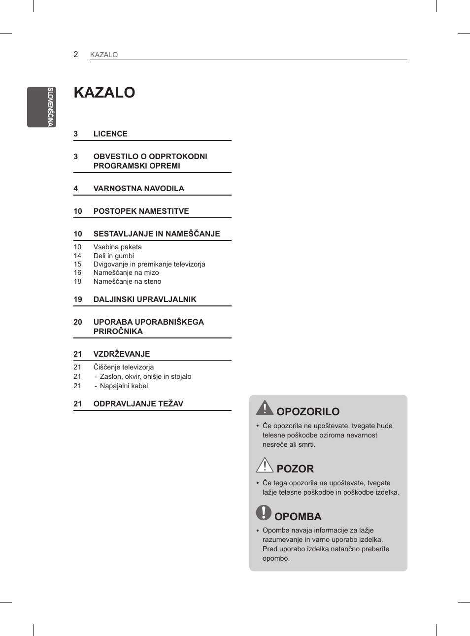 Kazalo, Opozorilo, Pozor | Opomba | LG 32LS3590 User Manual | Page 233 / 399