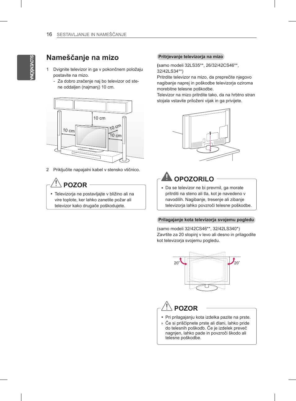 Nameščanje na mizo, Pozor, Opozorilo | LG 32LS3590 User Manual | Page 247 / 399