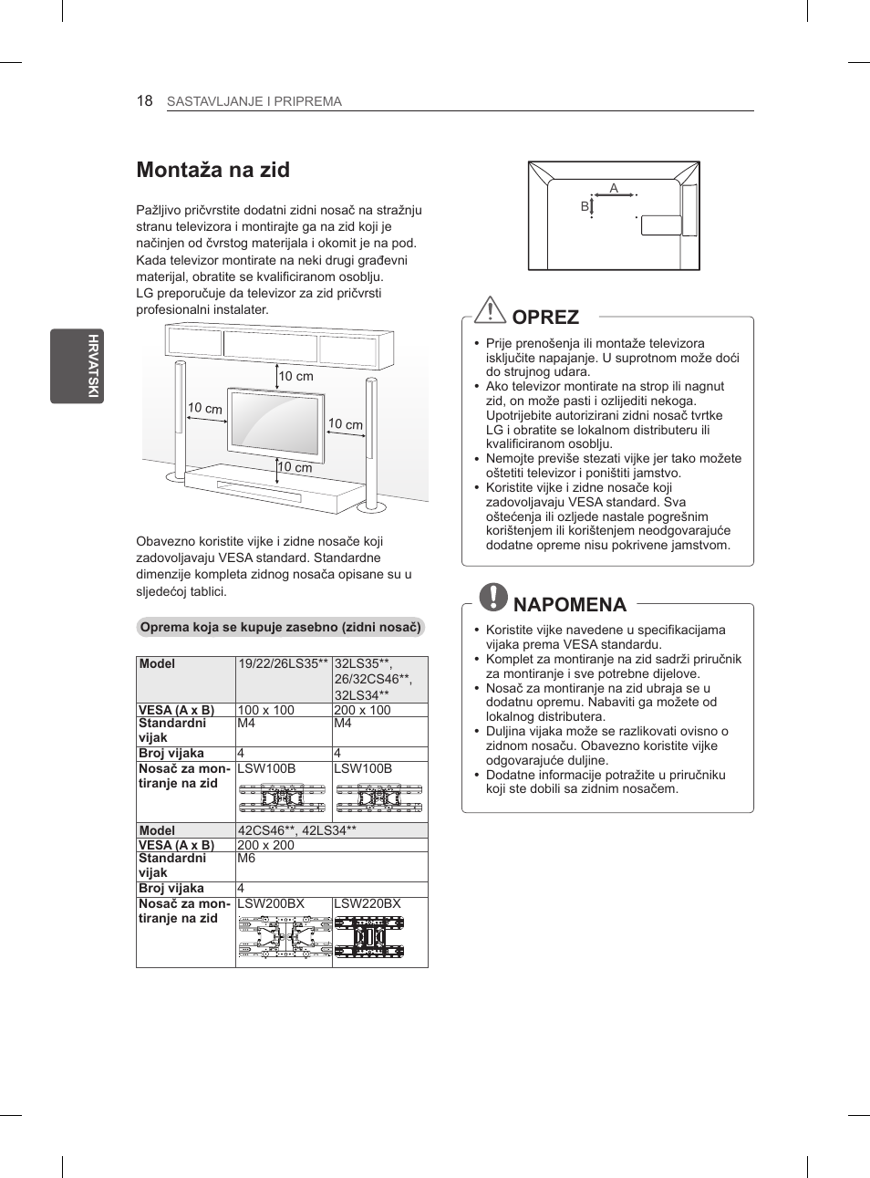 Montaža na zid, Oprez, Napomena | LG 32LS3590 User Manual | Page 293 / 399