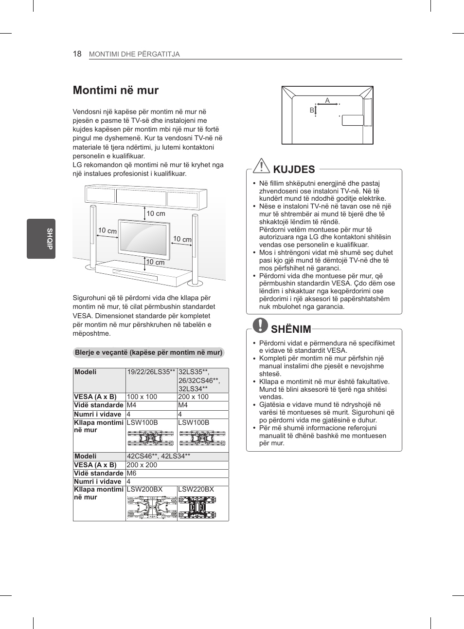 Montimi në mur, Kujdes, Shënim | LG 32LS3590 User Manual | Page 315 / 399