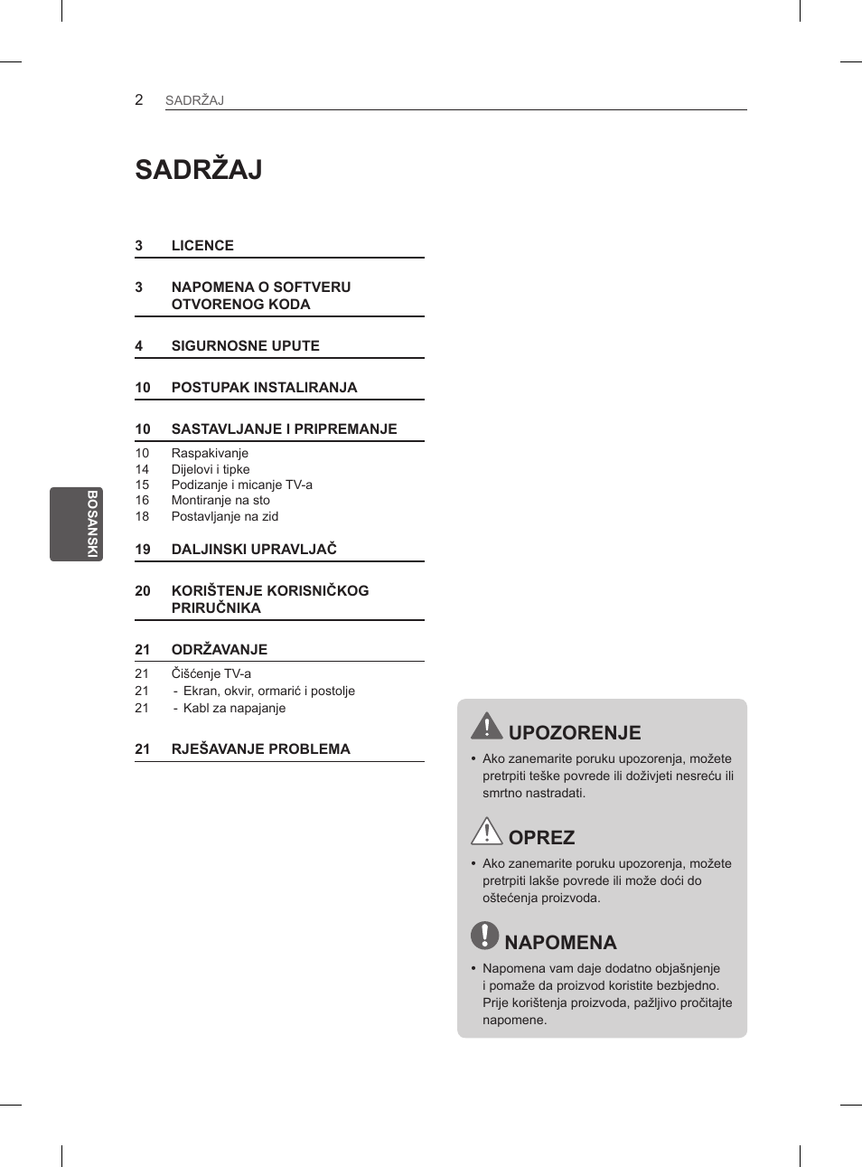 Sadržaj, Upozorenje, Oprez | Napomena | LG 32LS3590 User Manual | Page 321 / 399
