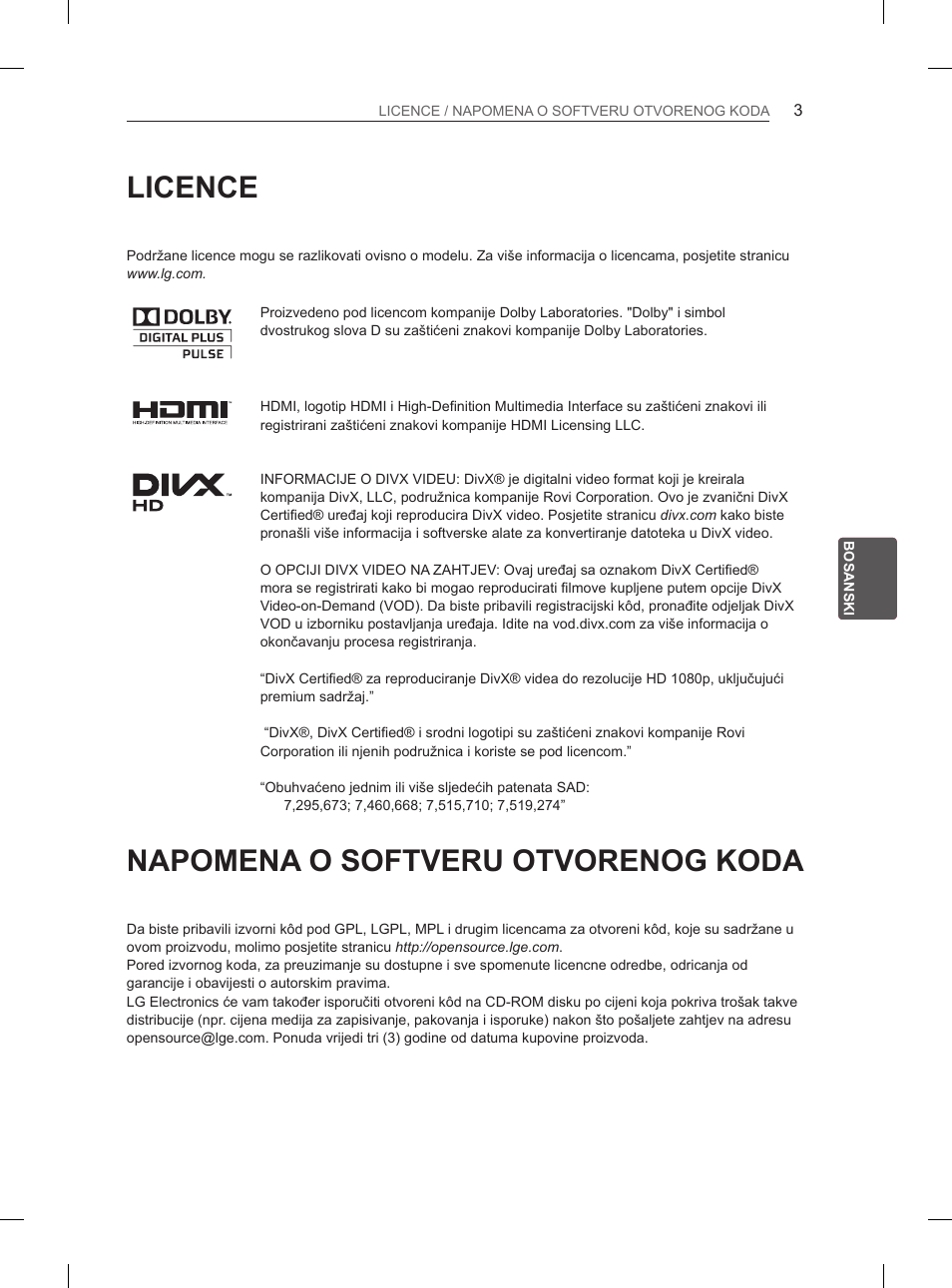 Licence, Napomena o softveru otvorenog koda | LG 32LS3590 User Manual | Page 322 / 399