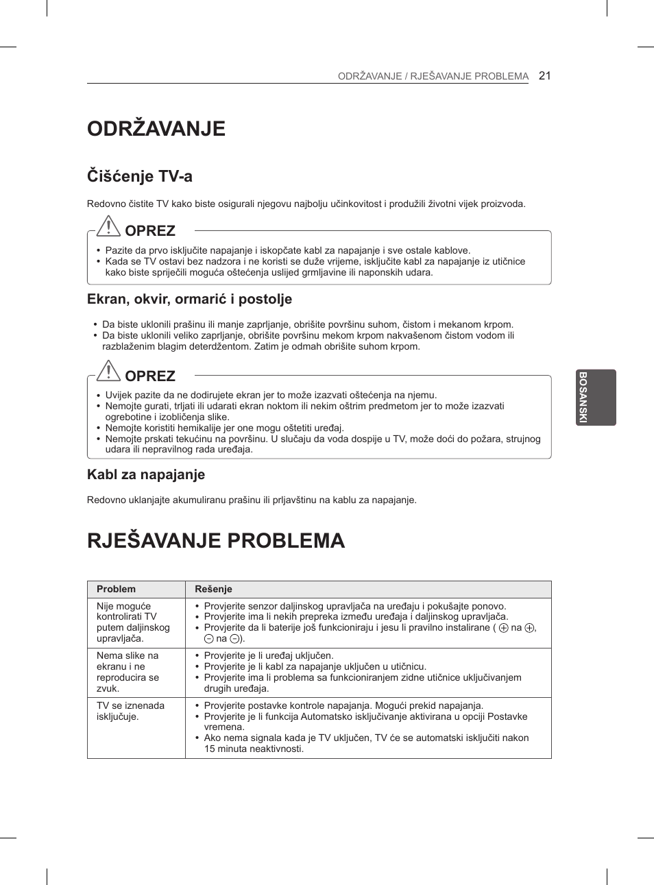 Održavanje, Rješavanje problema, Čišćenje tv-a | Oprez, Ekran, okvir, ormarić i postolje, Kabl za napajanje | LG 32LS3590 User Manual | Page 340 / 399