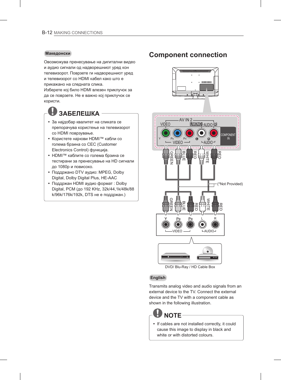 Component connection, Забелешка | LG 32LS3590 User Manual | Page 375 / 399