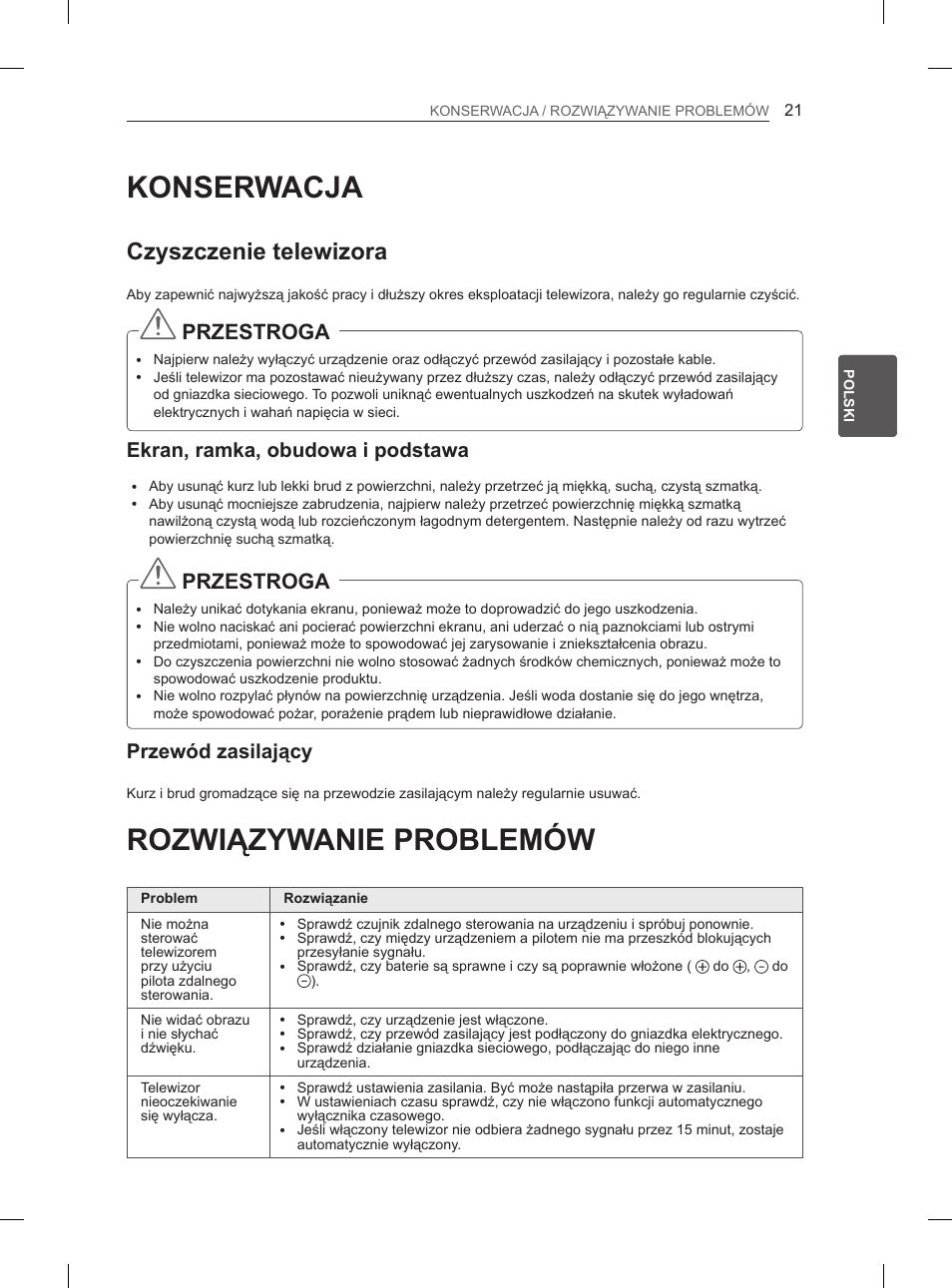 Konserwacja, Rozwiązywanie problemów, Czyszczenie telewizora | Przestroga, Ekran, ramka, obudowa i podstawa, Przewód zasilający | LG 32LS3590 User Manual | Page 76 / 399