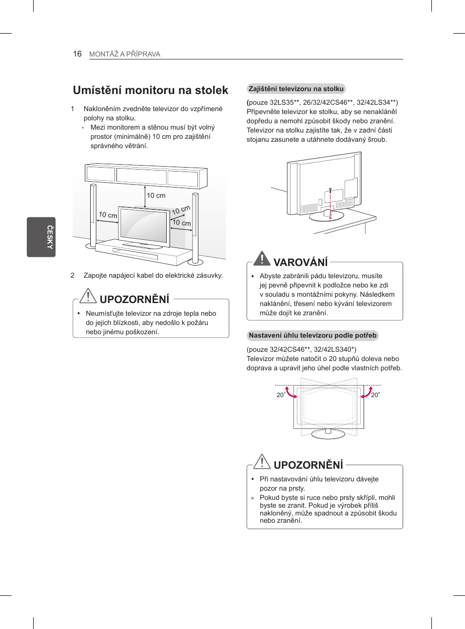 Umístění monitoru na stolek, Upozornění, Varování | LG 32LS3590 User Manual | Page 93 / 399