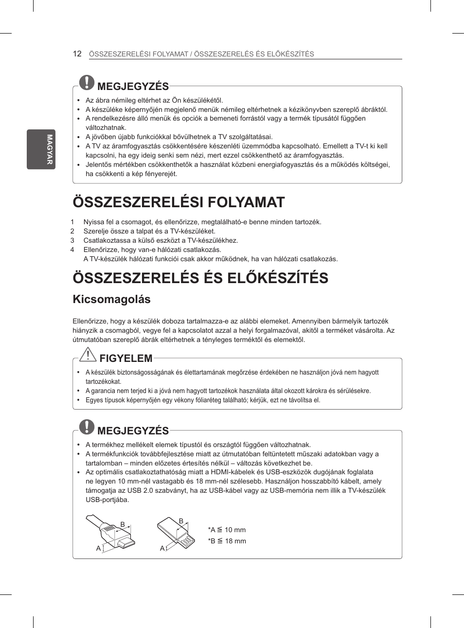 Összeszerelési folyamat, Összeszerelés és előkészítés, Kicsomagolás | Megjegyzés, Figyelem | LG 65LA965V User Manual | Page 111 / 559