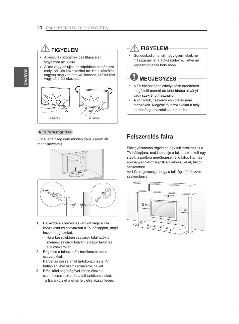 Felszerelés falra, Figyelem, Megjegyzés | LG 65LA965V User Manual | Page 119 / 559