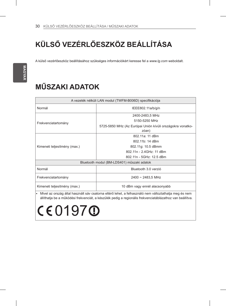 Műszaki adatok, Külső vezérlőeszköz beállítása | LG 65LA965V User Manual | Page 129 / 559