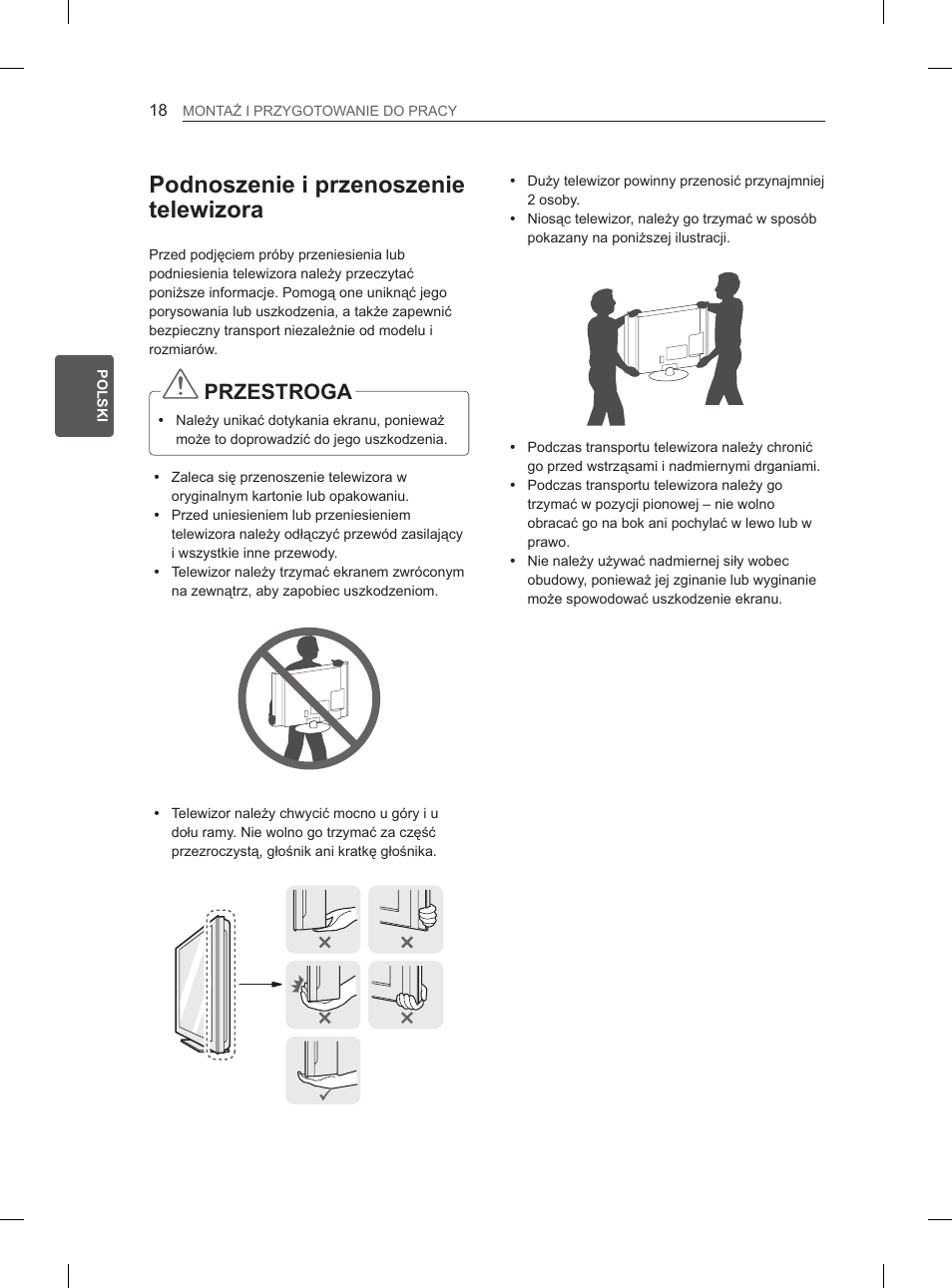 Podnoszenie i przenoszenie telewizora, Przestroga | LG 65LA965V User Manual | Page 147 / 559