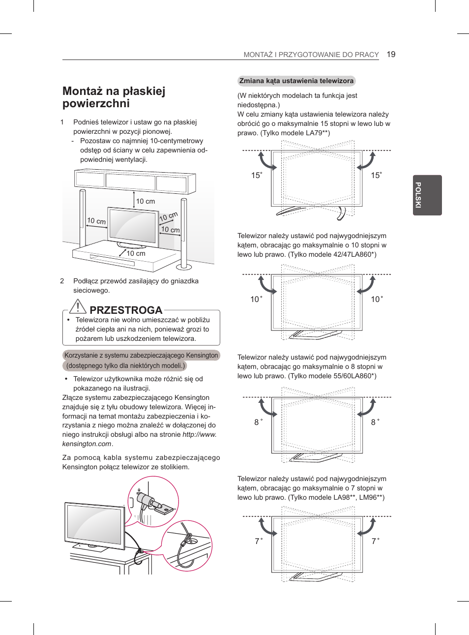 Montaż na płaskiej powierzchni, Przestroga | LG 65LA965V User Manual | Page 148 / 559