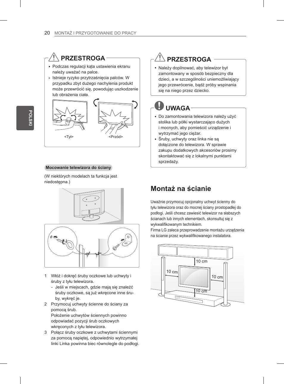 Montaż na ścianie, Przestroga, Uwaga | LG 65LA965V User Manual | Page 149 / 559