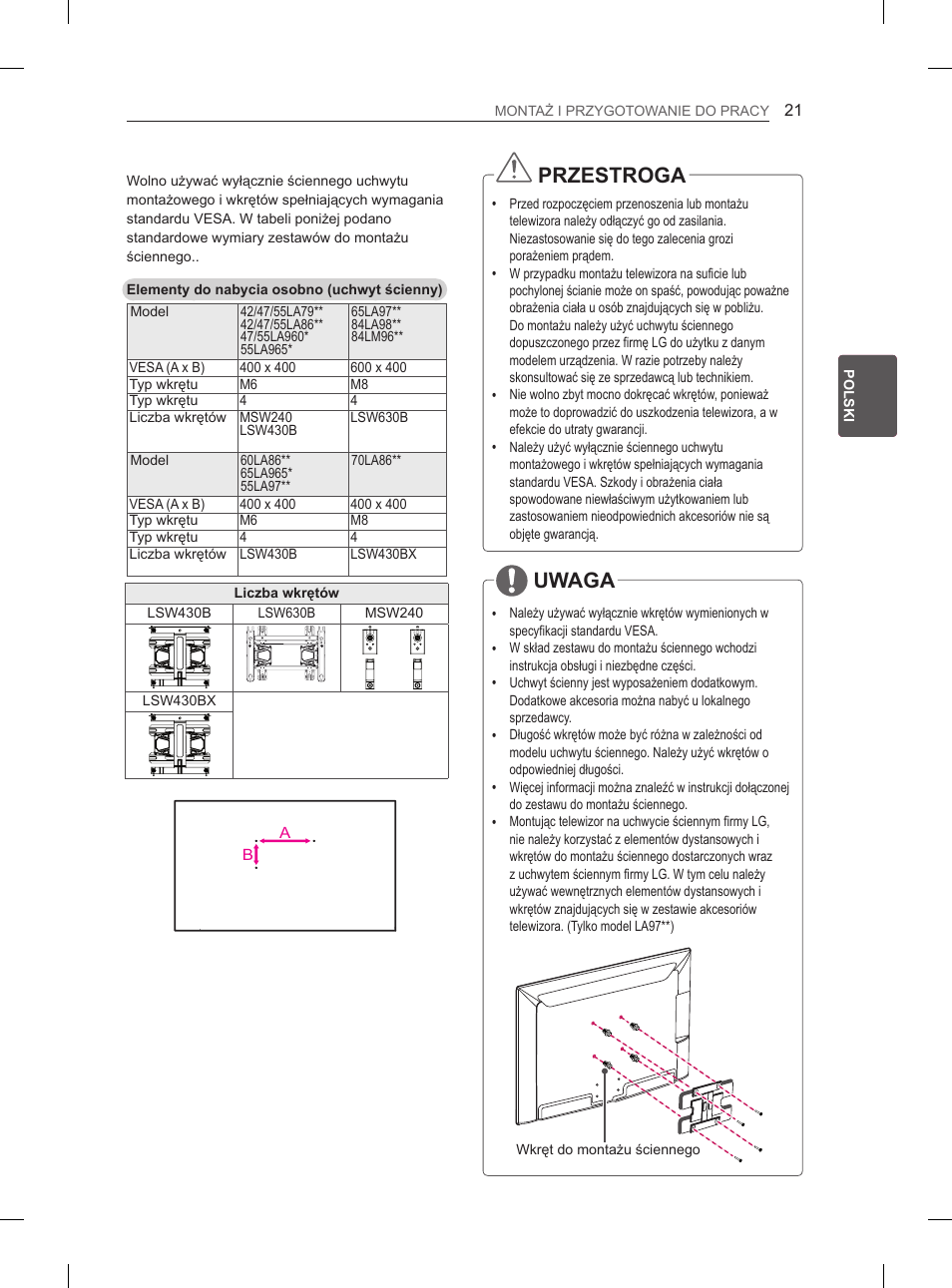 Przestroga, Uwaga | LG 65LA965V User Manual | Page 150 / 559