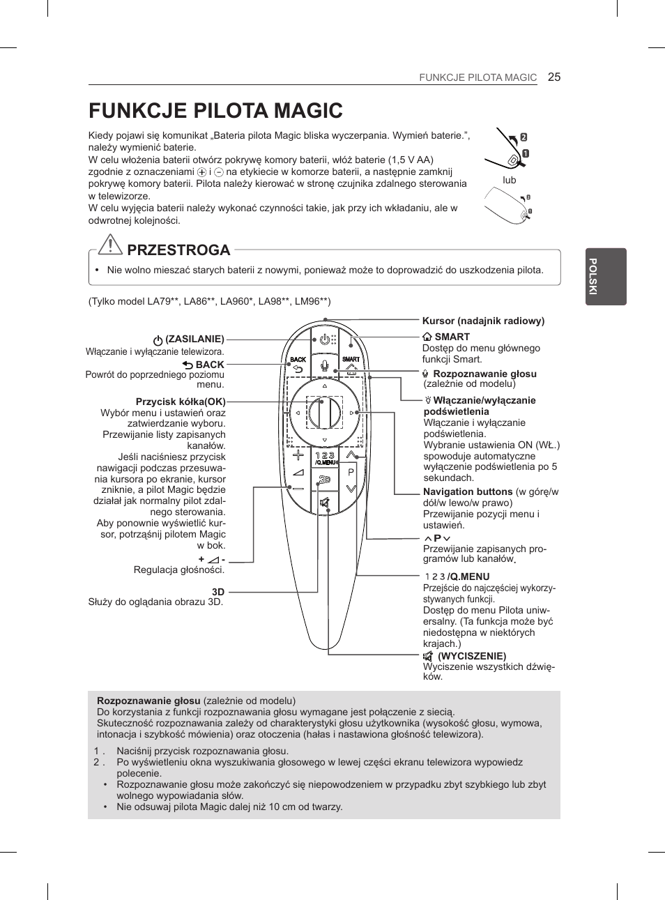 Funkcje pilota magic, Przestroga | LG 65LA965V User Manual | Page 154 / 559