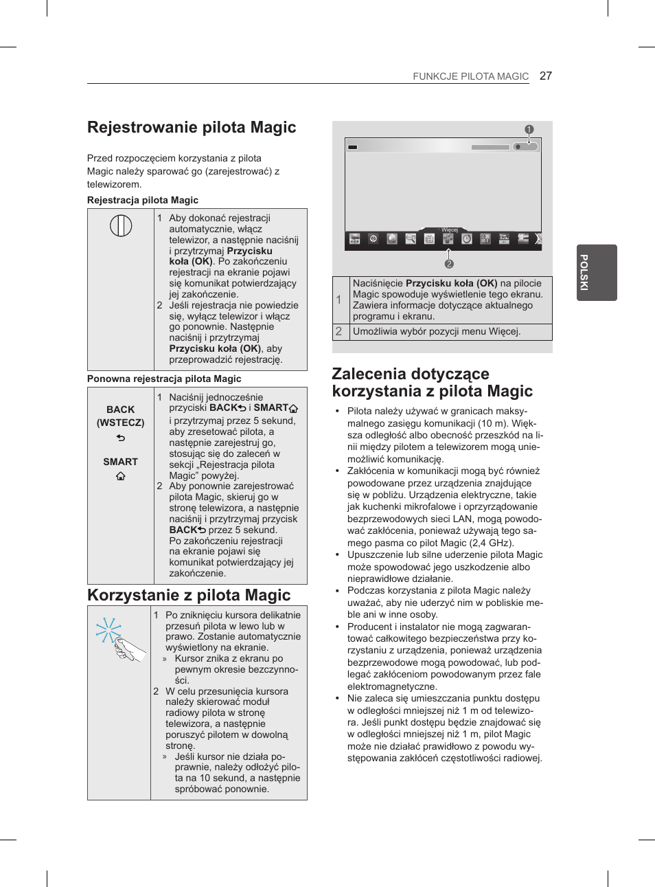 Rejestrowanie pilota magic, Zalecenia dotyczące korzystania z pilota magic, Korzystanie z pilota magic | LG 65LA965V User Manual | Page 156 / 559