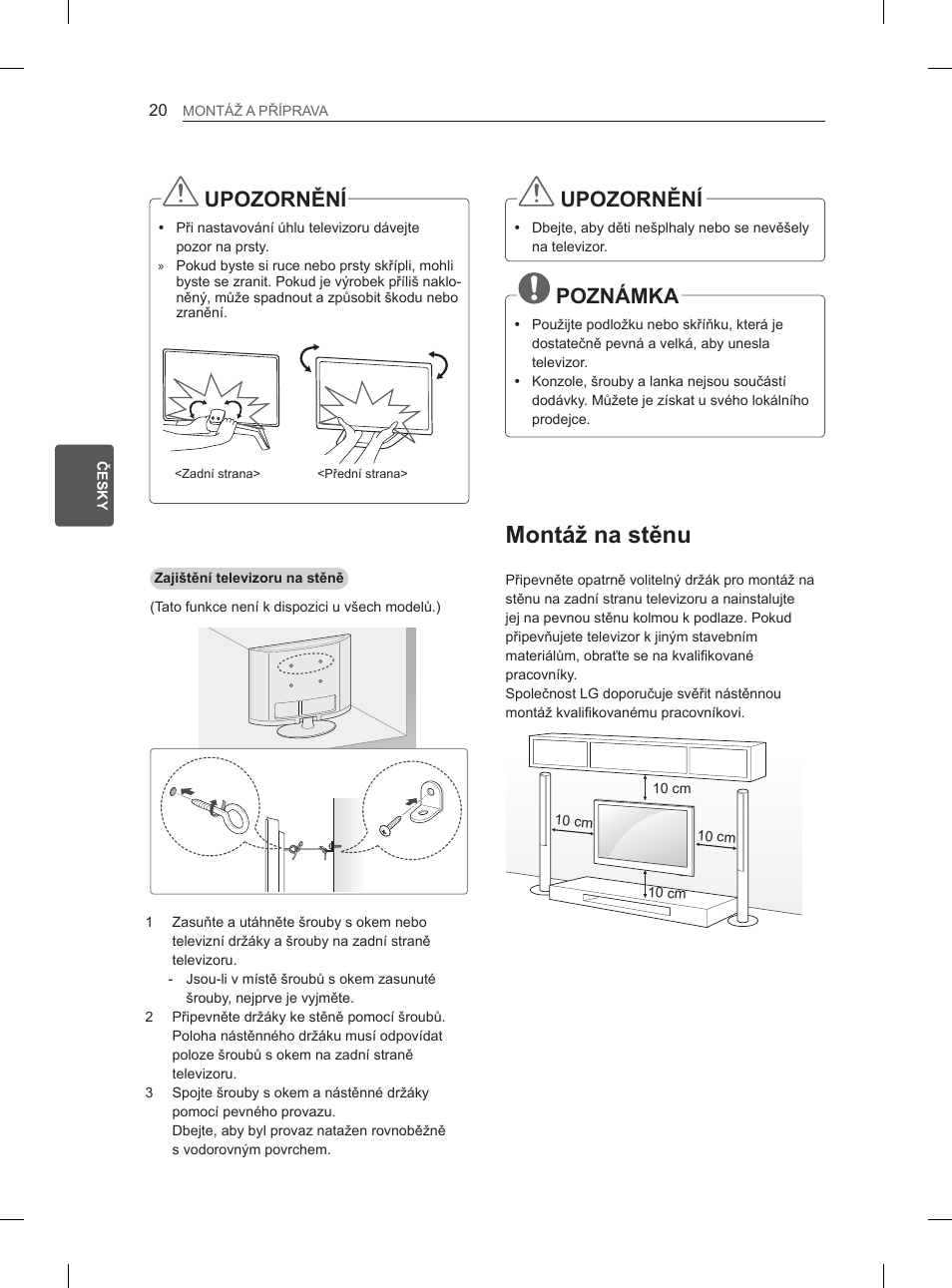 Montáž na stěnu, Upozornění, Poznámka | LG 65LA965V User Manual | Page 179 / 559