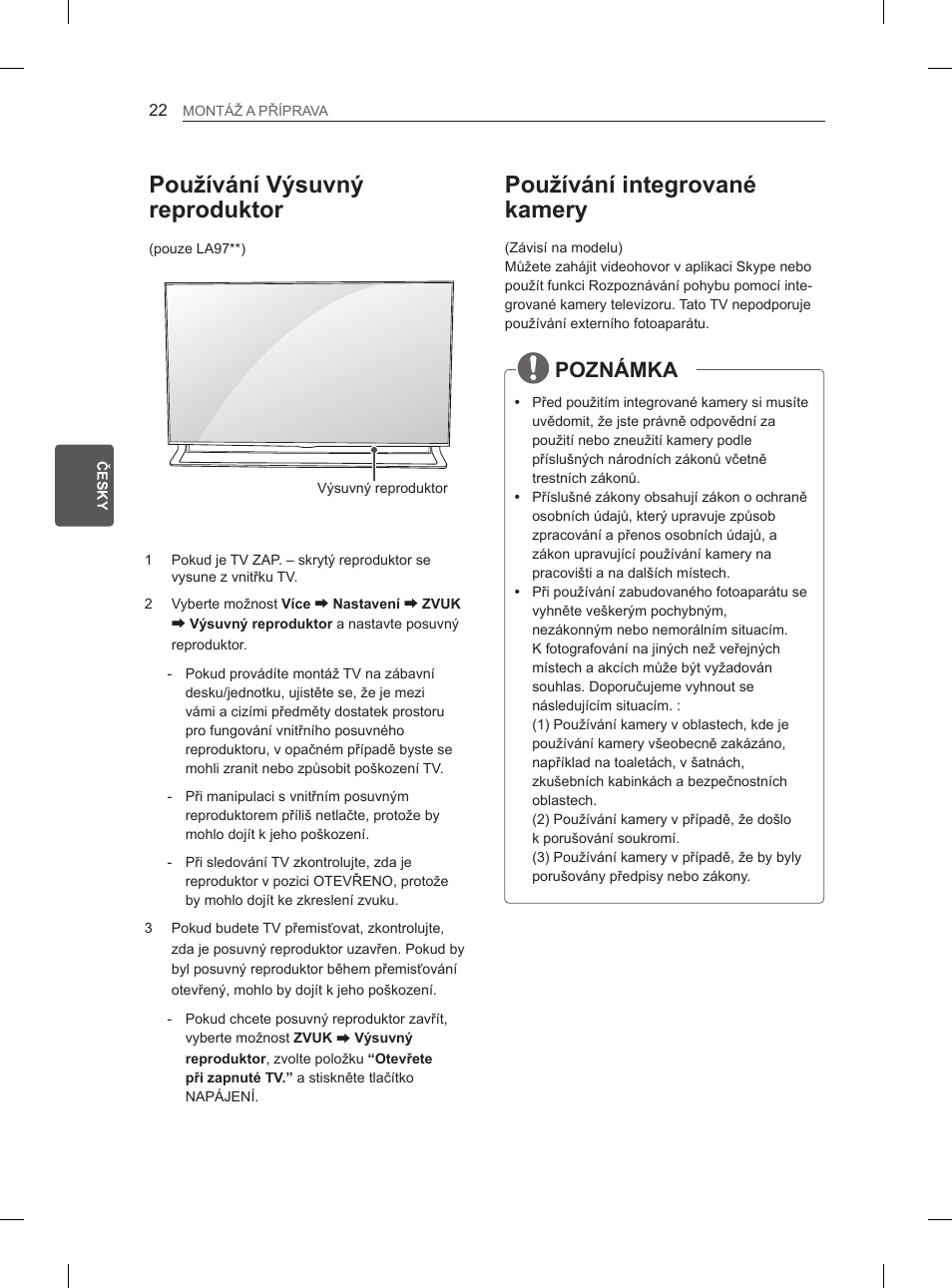 Používání integrované kamery, Používání výsuvný reproduktor, Poznámka | LG 65LA965V User Manual | Page 181 / 559