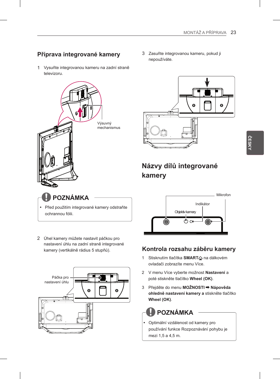 Názvy dílů integrované kamery, Poznámka, Příprava integrované kamery | Kontrola rozsahu záběru kamery | LG 65LA965V User Manual | Page 182 / 559