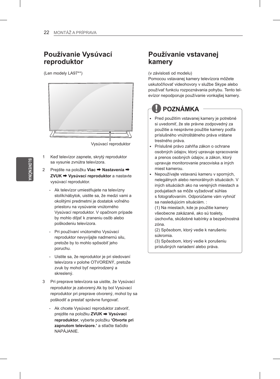 Používanie vstavanej kamery, Používanie vysúvací reproduktor, Poznámka | LG 65LA965V User Manual | Page 211 / 559