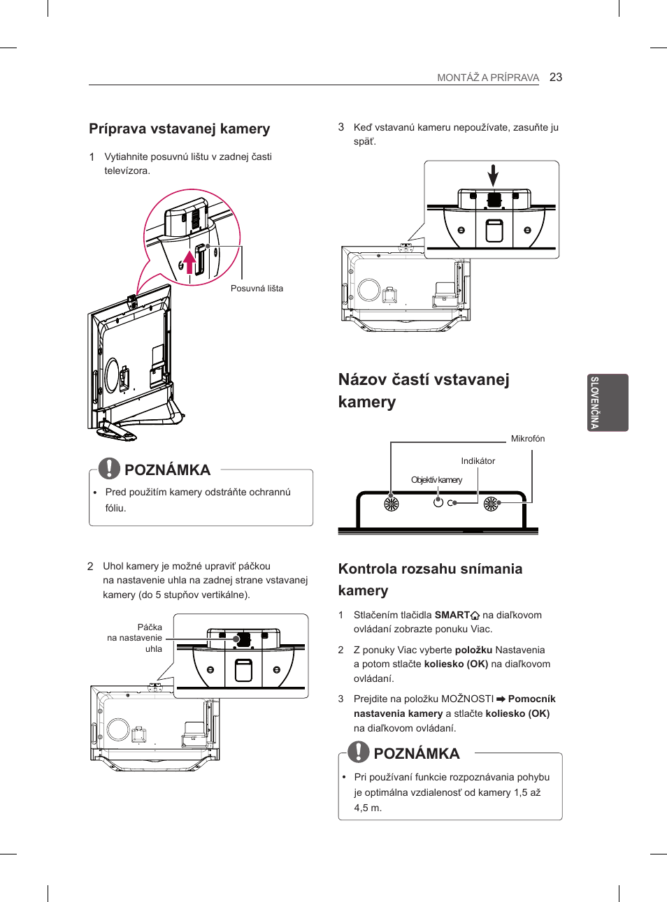 Názov častí vstavanej kamery, Poznámka, Príprava vstavanej kamery | Kontrola rozsahu snímania kamery | LG 65LA965V User Manual | Page 212 / 559