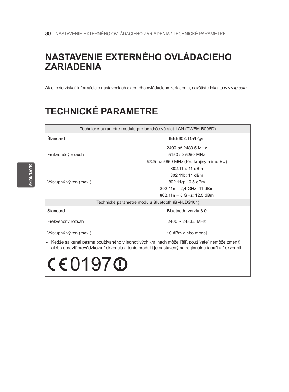 Technické parametre, Nastavenie externého ovládacieho zariadenia | LG 65LA965V User Manual | Page 219 / 559