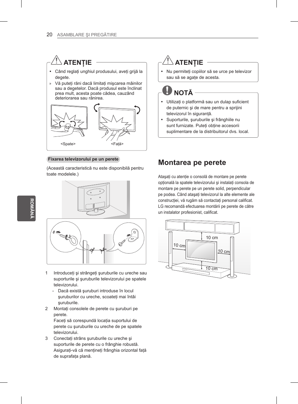 Montarea pe perete, Atenţie, Notă | LG 65LA965V User Manual | Page 239 / 559