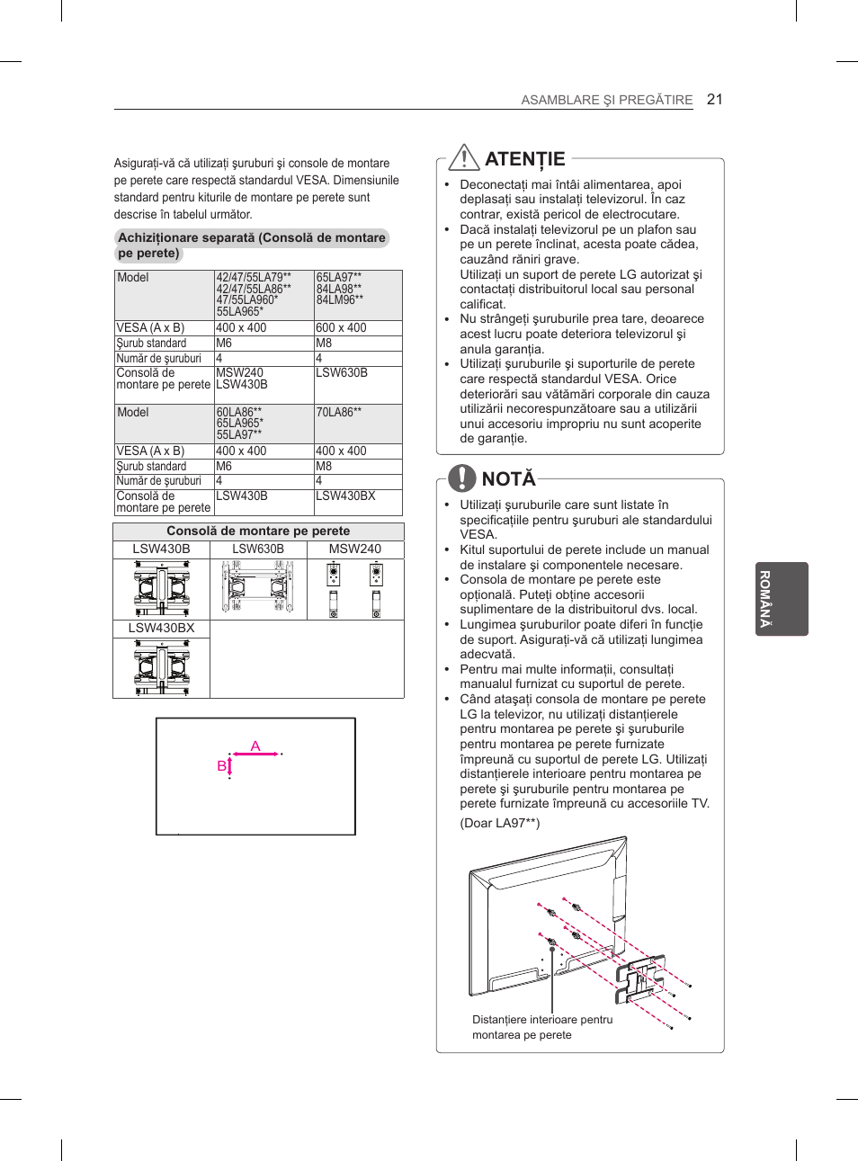 Atenţie, Notă | LG 65LA965V User Manual | Page 240 / 559