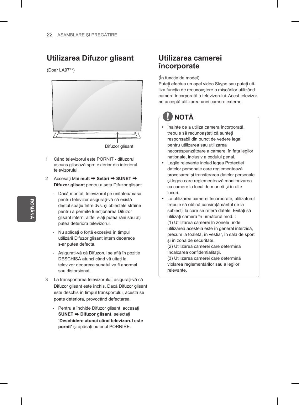 Utilizarea camerei încorporate, Utilizarea difuzor glisant, Notă | LG 65LA965V User Manual | Page 241 / 559