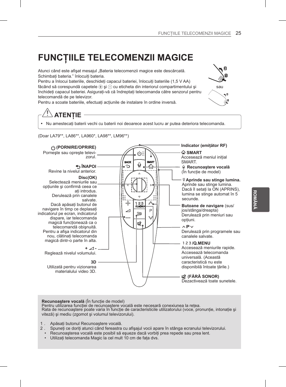 Funcţiile telecomenzii magice, Atenţie | LG 65LA965V User Manual | Page 244 / 559