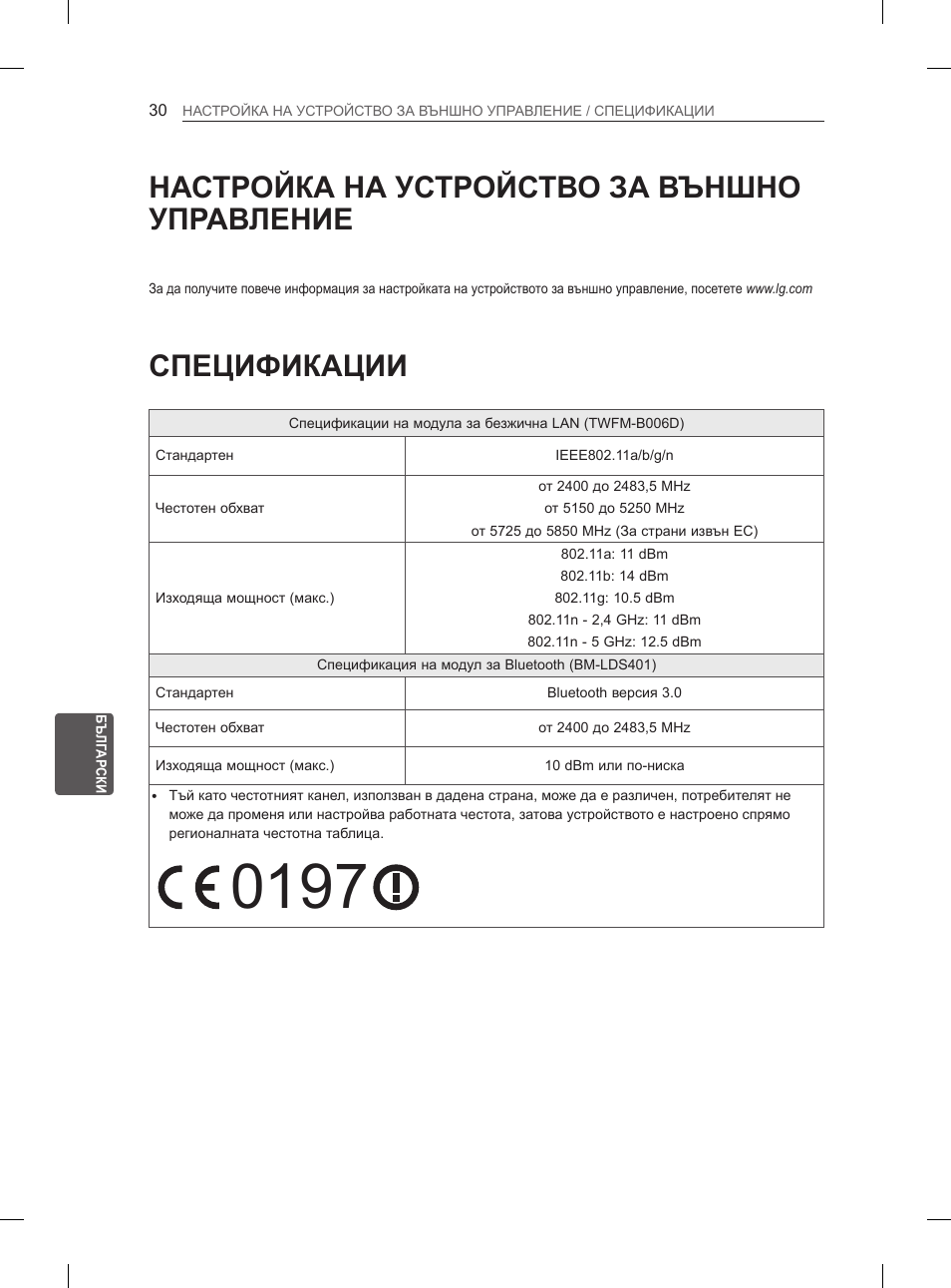 Спецификации, Настройка на устройство за външно управление | LG 65LA965V User Manual | Page 279 / 559