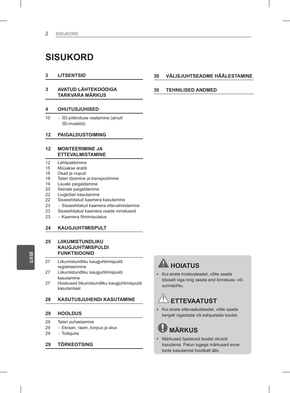 Sisukord, Hoiatus, Ettevaatust | Märkus | LG 65LA965V User Manual | Page 281 / 559