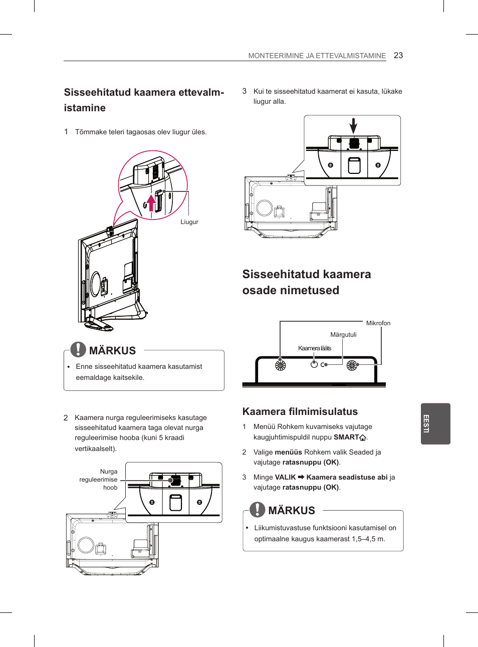 Sisseehitatud kaamera osade nimetused, Märkus, Sisseehitatud kaamera ettevalm- istamine | Kaamera filmimisulatus | LG 65LA965V User Manual | Page 302 / 559