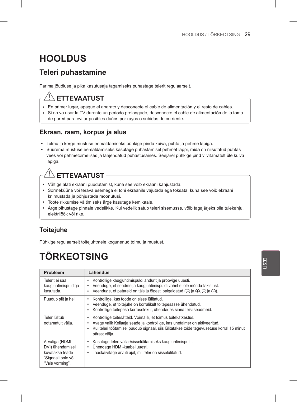 Hooldus, Tõrkeotsing, Teleri puhastamine | Ettevaatust, Ekraan, raam, korpus ja alus, Toitejuhe | LG 65LA965V User Manual | Page 308 / 559