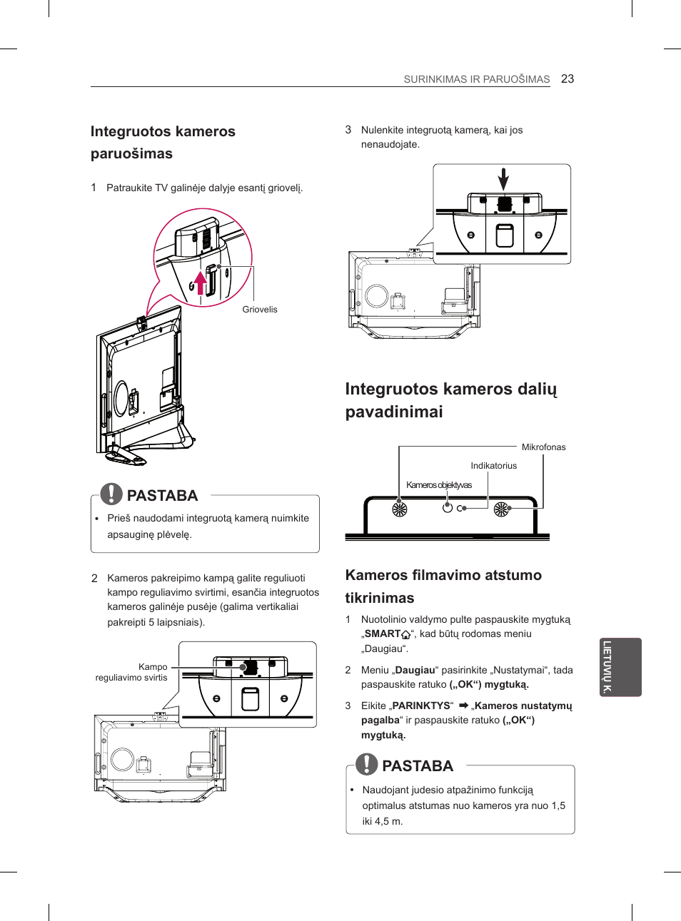 Integruotos kameros dalių pavadinimai, Pastaba, Integruotos kameros paruošimas | Kameros filmavimo atstumo tikrinimas | LG 65LA965V User Manual | Page 332 / 559