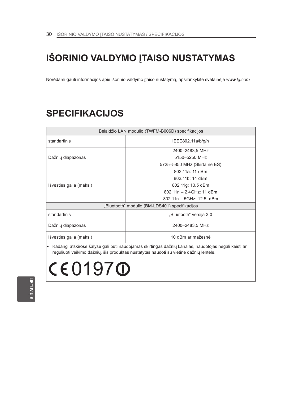 Specifikacijos, Išorinio valdymo įtaiso nustatymas | LG 65LA965V User Manual | Page 339 / 559