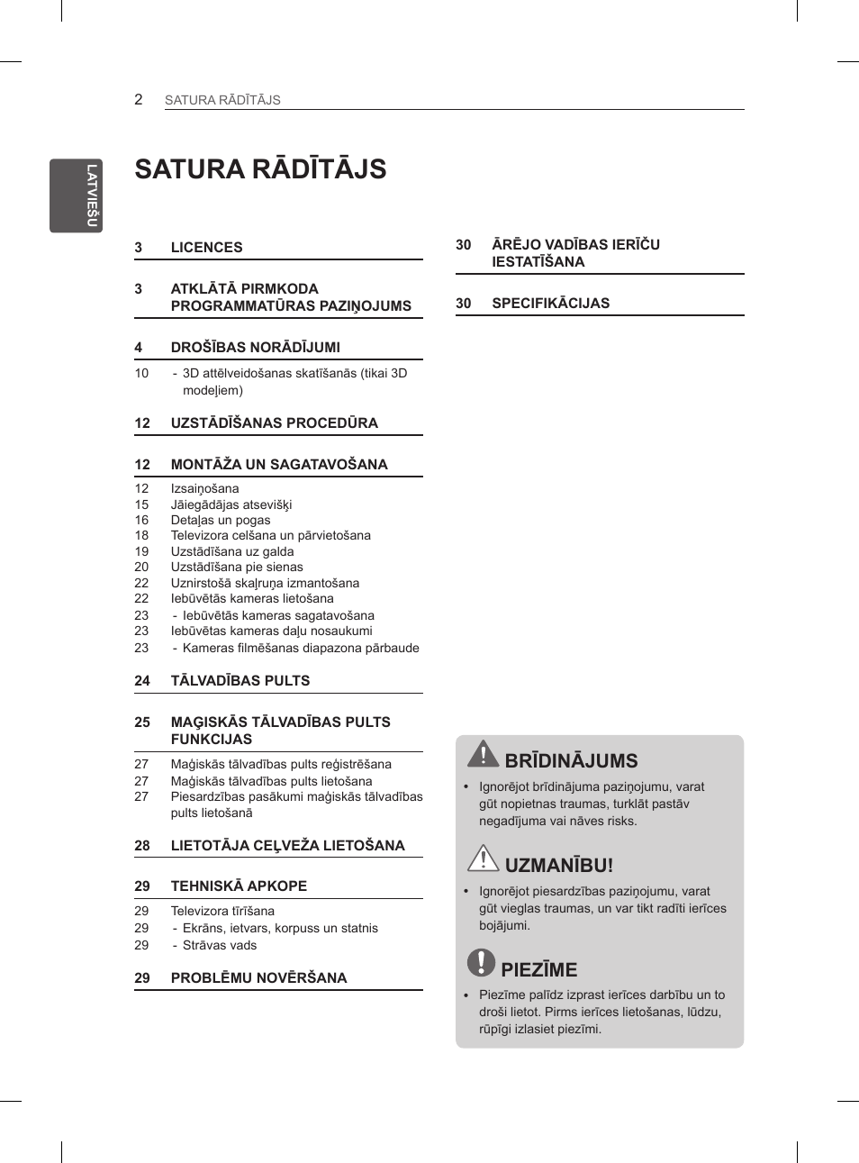 Satura rādītājs, Brīdinājums, Uzmanību | Piezīme | LG 65LA965V User Manual | Page 341 / 559