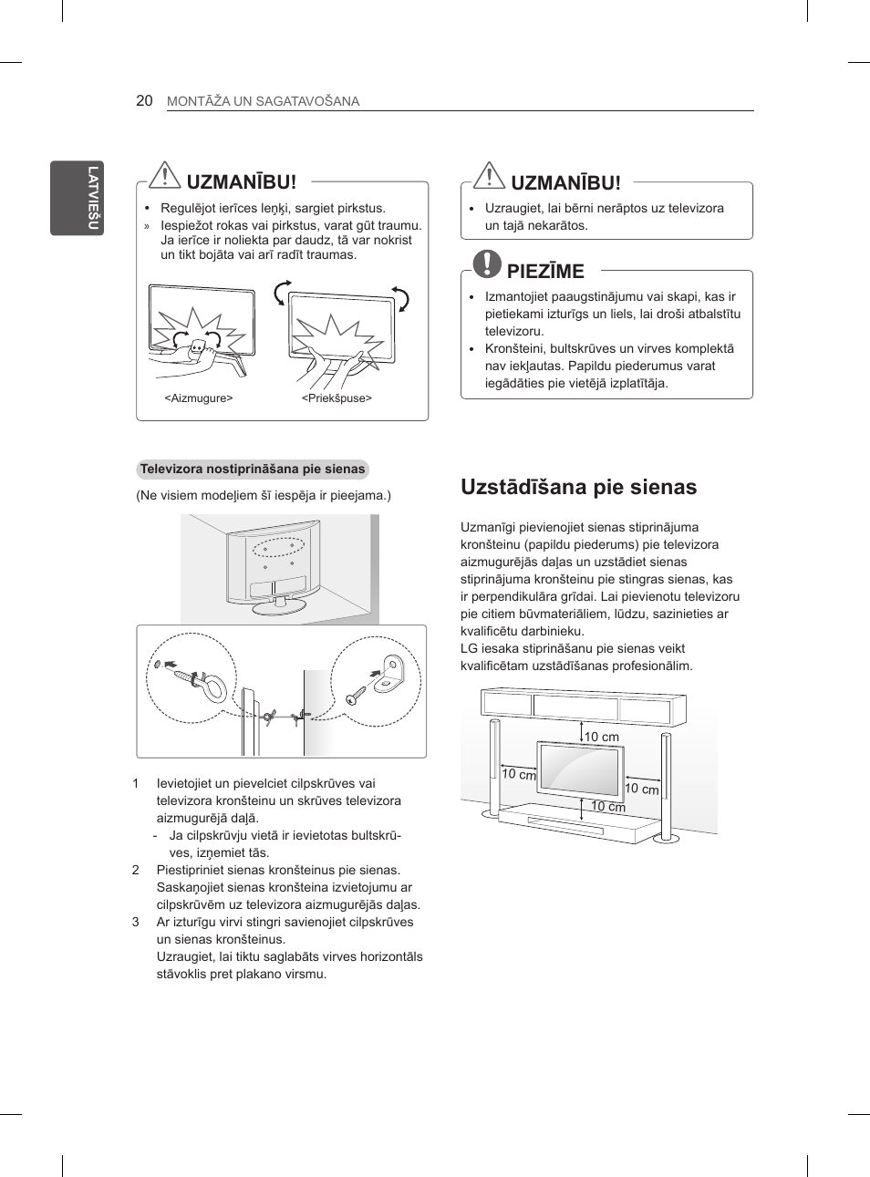 Uzstādīšana pie sienas, Uzmanību, Piezīme | LG 65LA965V User Manual | Page 359 / 559