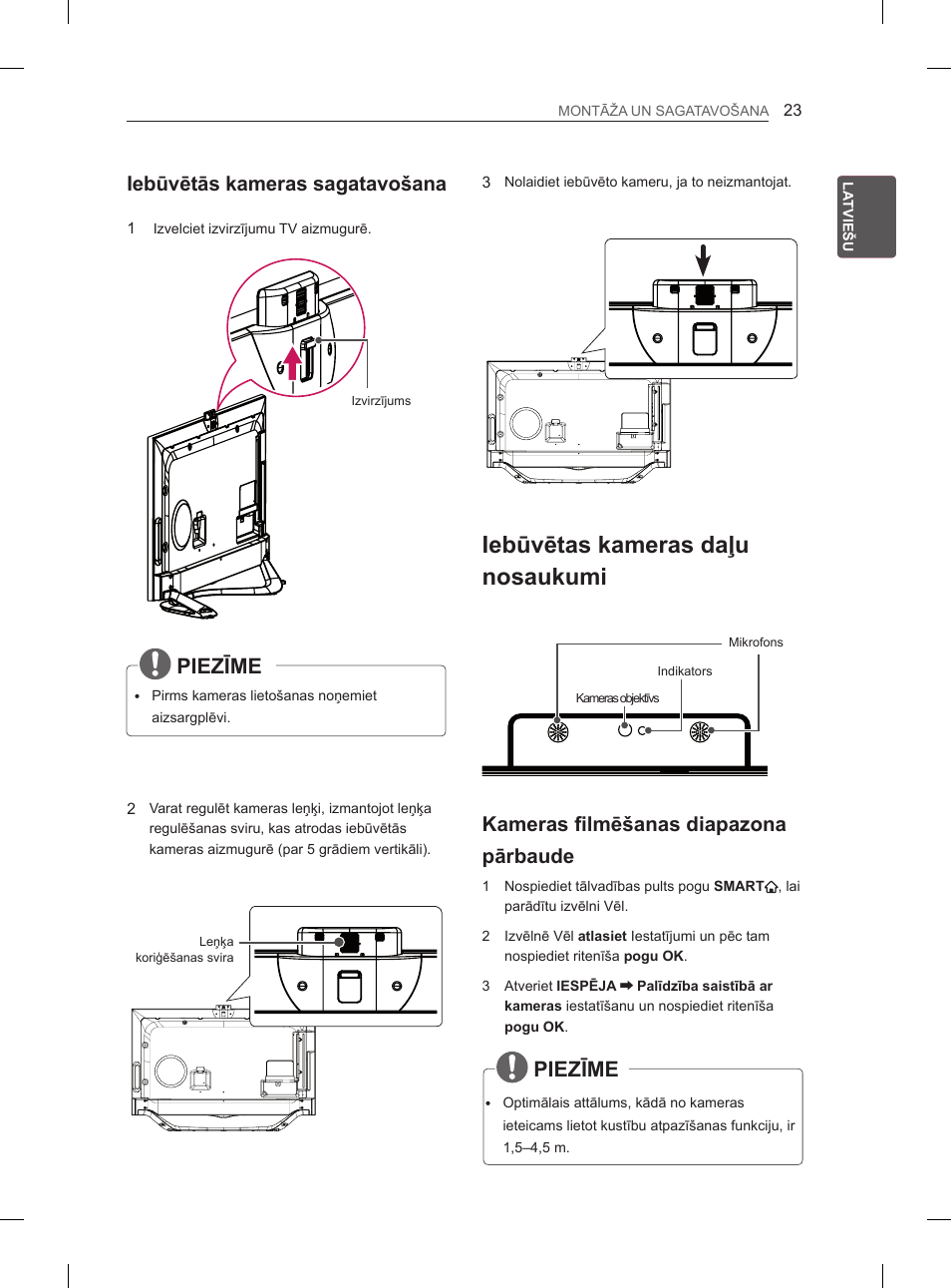 Iebūvētas kameras daļu nosaukumi, Piezīme, Iebūvētās kameras sagatavošana | Kameras filmēšanas diapazona pārbaude | LG 65LA965V User Manual | Page 362 / 559