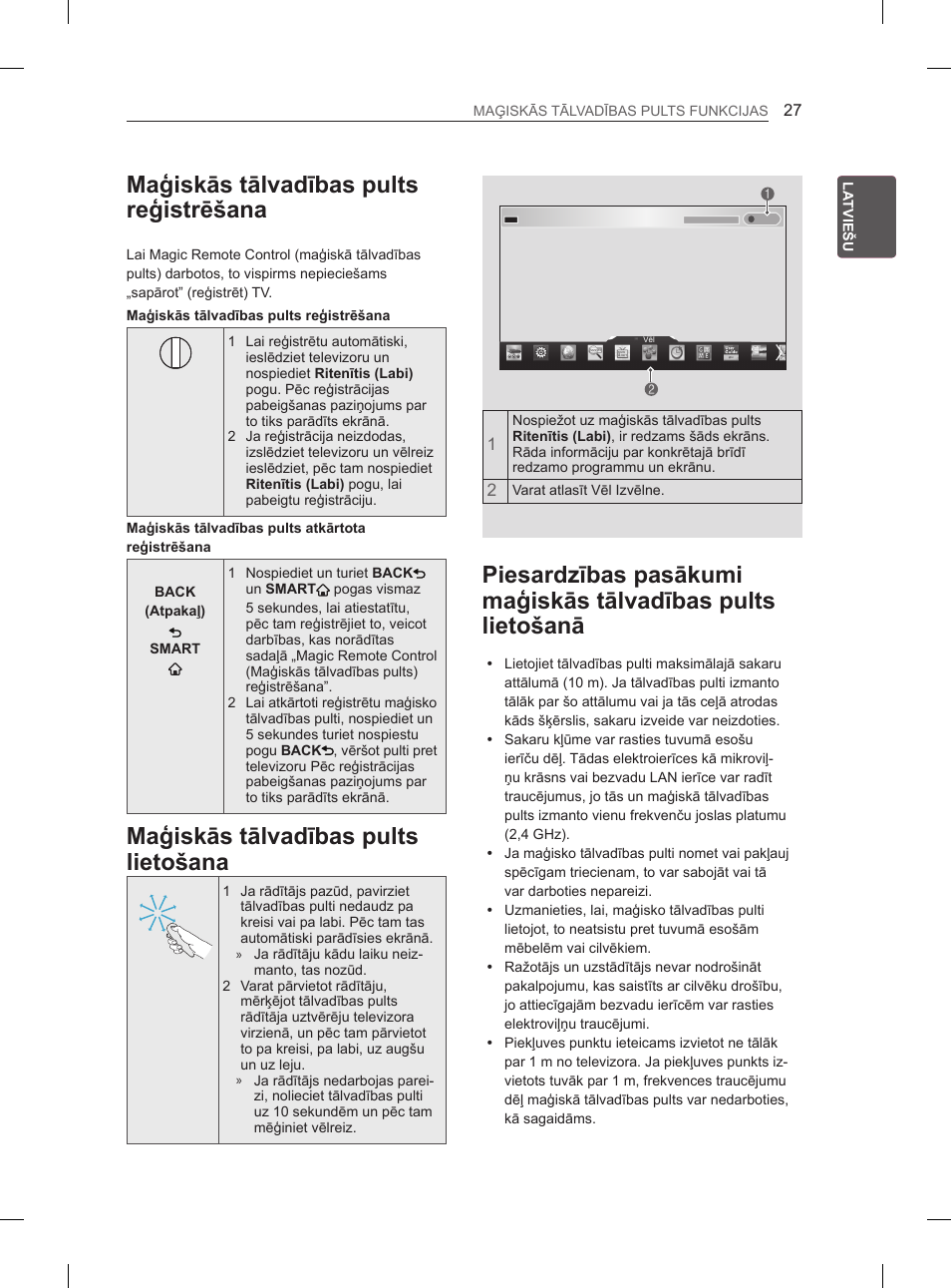 Maģiskās tālvadības pults reģistrēšana, Maģiskās tālvadības pults lietošana | LG 65LA965V User Manual | Page 366 / 559