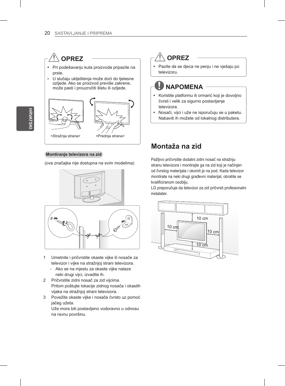 Montaža na zid, Oprez, Napomena | LG 65LA965V User Manual | Page 419 / 559