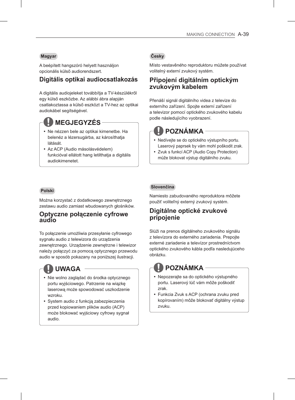 Poznámka, Megjegyzés, Uwaga | Připojení digitálním optickým zvukovým kabelem, Digitálne optické zvukové pripojenie, Digitális optikai audiocsatlakozás, Optyczne połączenie cyfrowe audio | LG 65LA965V User Manual | Page 42 / 559