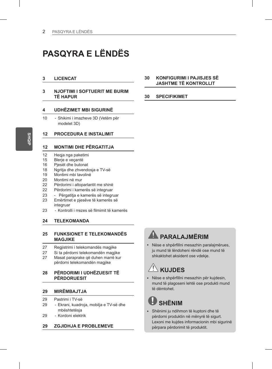 Pasqyra e lëndës, Paralajmërim, Kujdes | Shënim | LG 65LA965V User Manual | Page 431 / 559