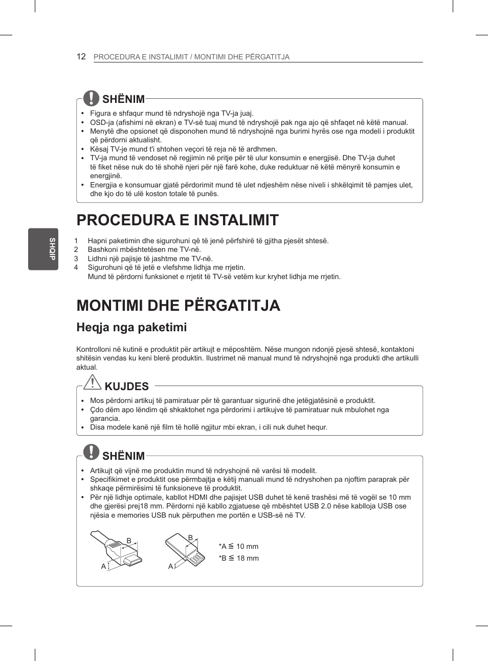 Procedura e instalimit, Montimi dhe përgatitja, Heqja nga paketimi | Shënim, Kujdes | LG 65LA965V User Manual | Page 441 / 559