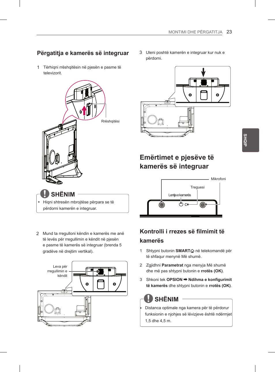 Emërtimet e pjesëve të kamerës së integruar, Shënim, Përgatitja e kamerës së integruar | Kontrolli i rrezes së filmimit të kamerës | LG 65LA965V User Manual | Page 452 / 559