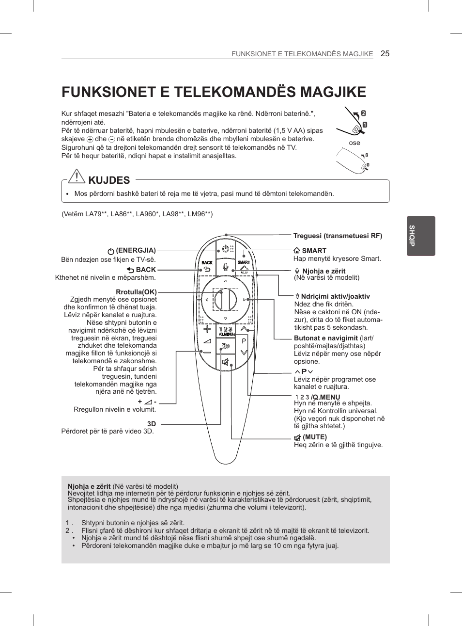 Funksionet e telekomandës magjike, Kujdes | LG 65LA965V User Manual | Page 454 / 559