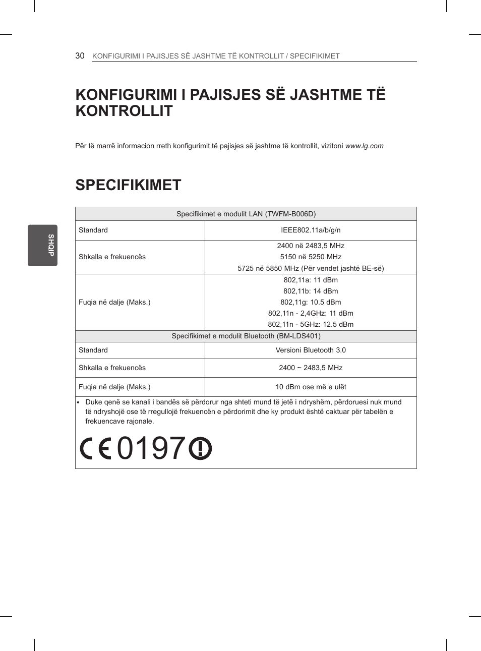 Specifikimet, Konfigurimi i pajisjes së jashtme të kontrollit | LG 65LA965V User Manual | Page 459 / 559