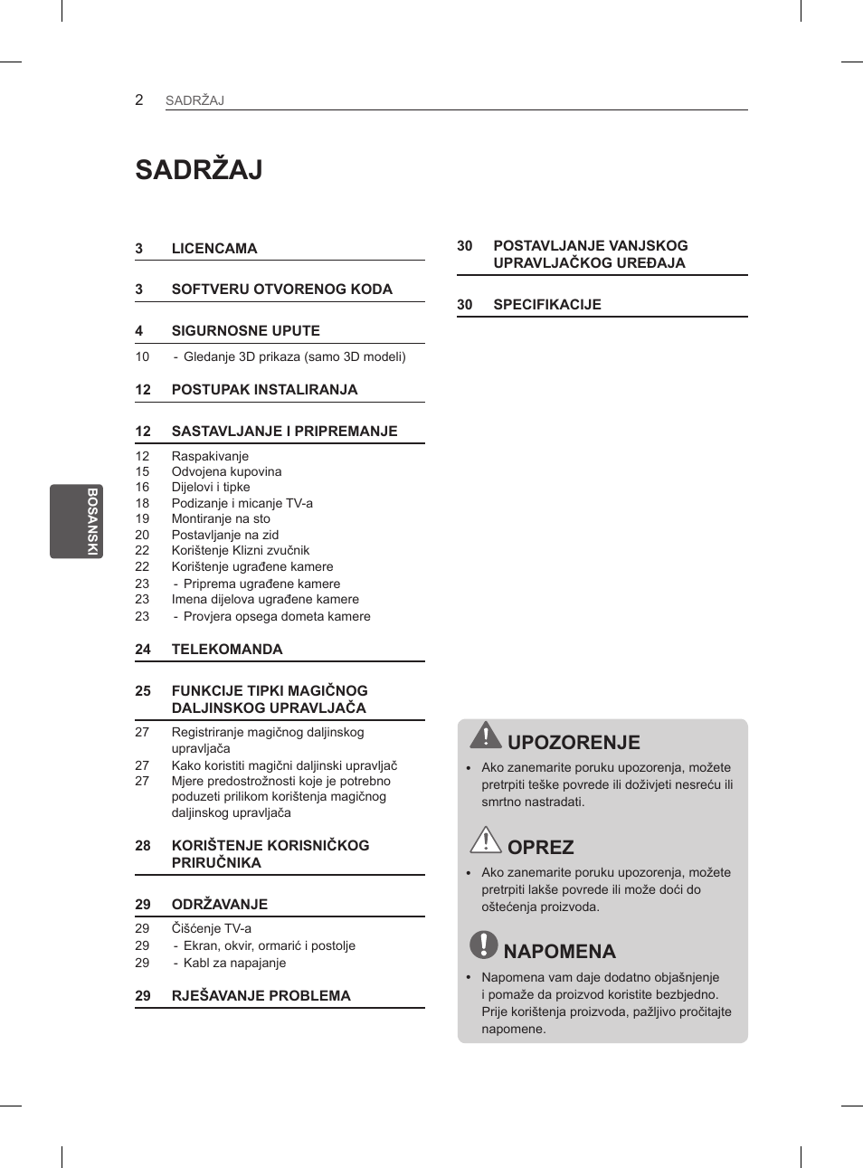 Sadržaj, Upozorenje, Oprez | Napomena | LG 65LA965V User Manual | Page 461 / 559
