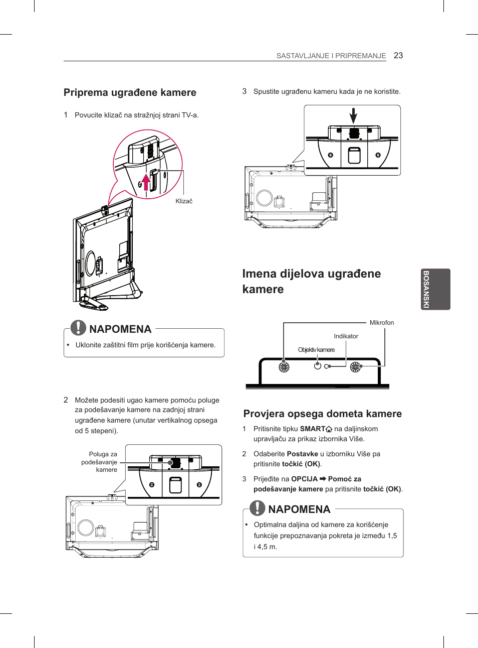 Imena dijelova ugrađene kamere, Napomena, Priprema ugrađene kamere | Provjera opsega dometa kamere | LG 65LA965V User Manual | Page 482 / 559